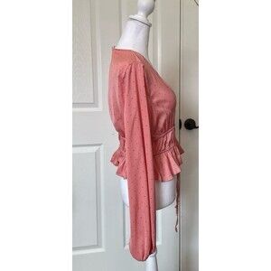 Blush Pink Polka Dot Peplum Blouse – V-Neck Tie Waist Top